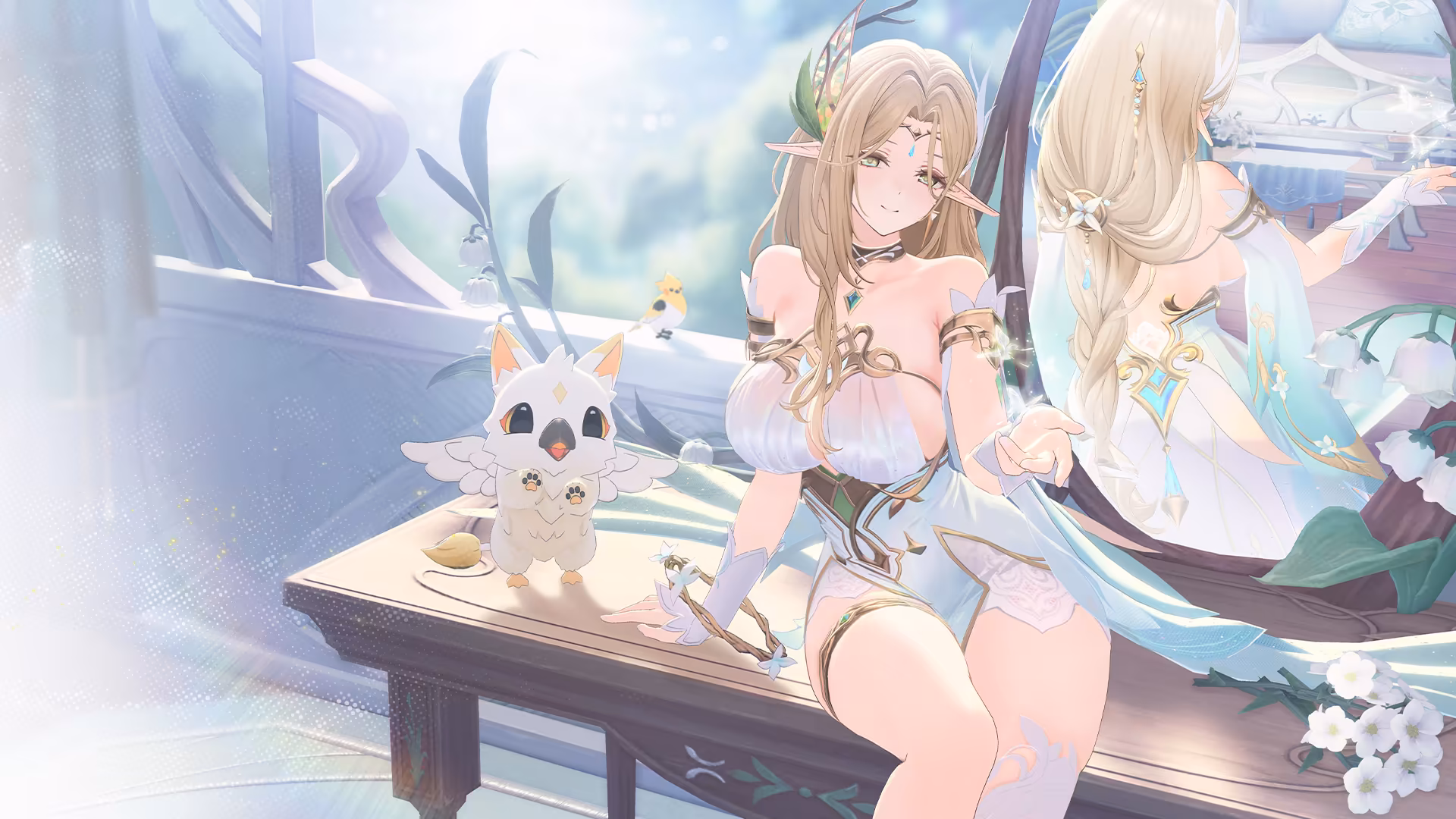 幻想的な室内でキャラクターとキボが過ごす公式イラスト